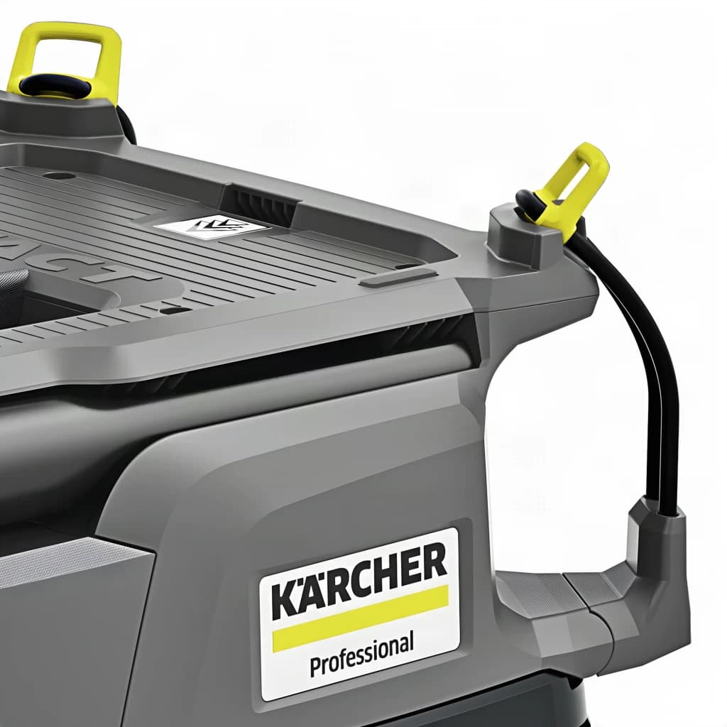 Aspirateur sec et humide Kärcher NT 30/1 Tact L 25,4kPa 1380W, détail supérieur: couvercle gris avec poignées jaunes, loquet