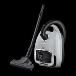 Aspirateur traîneau Bosch Série 6 Noir/Gris 600W BGB6X330, vue latérale: corps gris avec panneau noir, flexible et tube