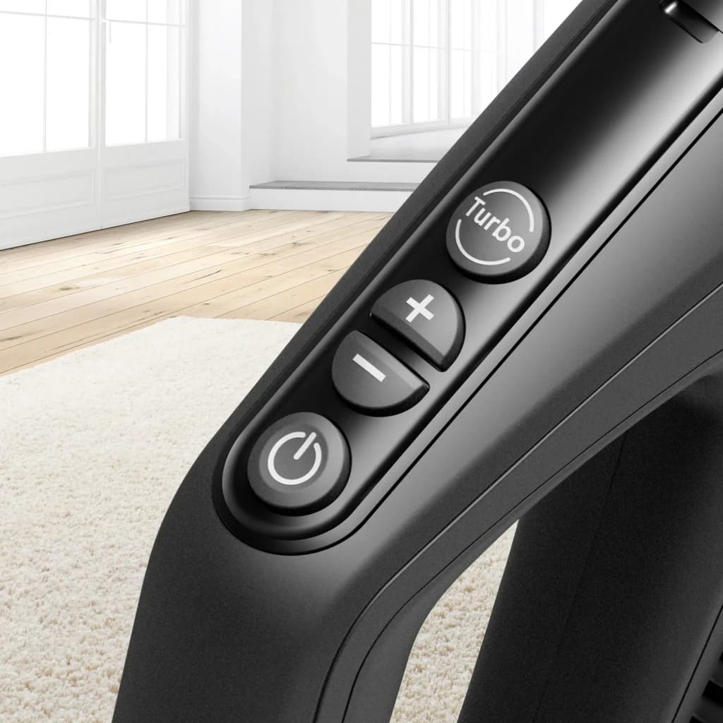Aspirateur traîneau Bosch Série 6 Noir/Gris 600W BGB6X330, détail poignée: boutons Turbo, plus, moins et marche en noir