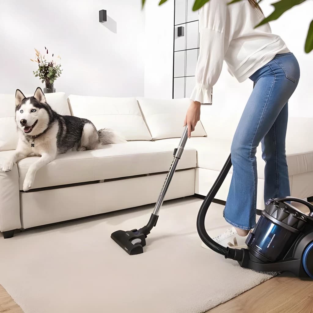 Aspiradora de trineo Cecotec Conga Rockstar Multicyclonic XL Animal Negro 20kPa 800W 9m cable, en uso: mujer aspira alfombra