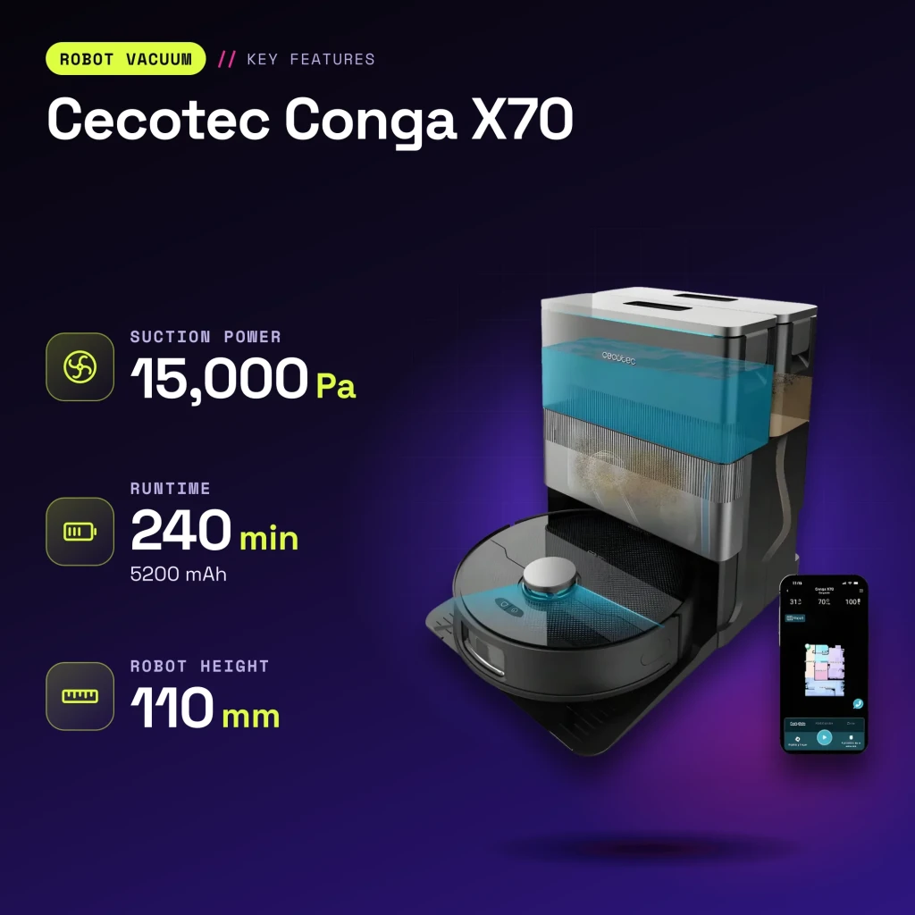 Robot aspirador Cecotec Conga X70 Preto Lavador Autoesvaziamento 15000Pa 240min - características
