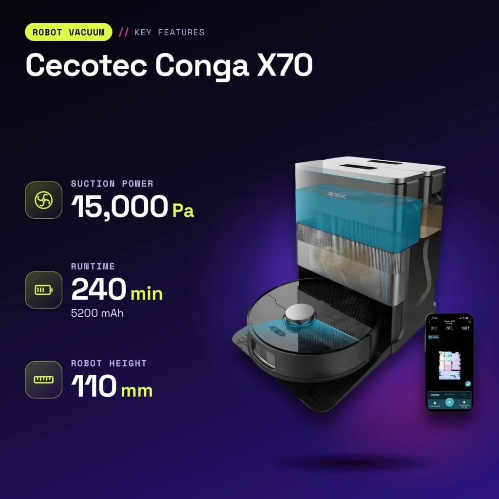 Robot aspirador Cecotec Conga X70 Preto Lavador Autoesvaziamento 15000Pa 240min - características
