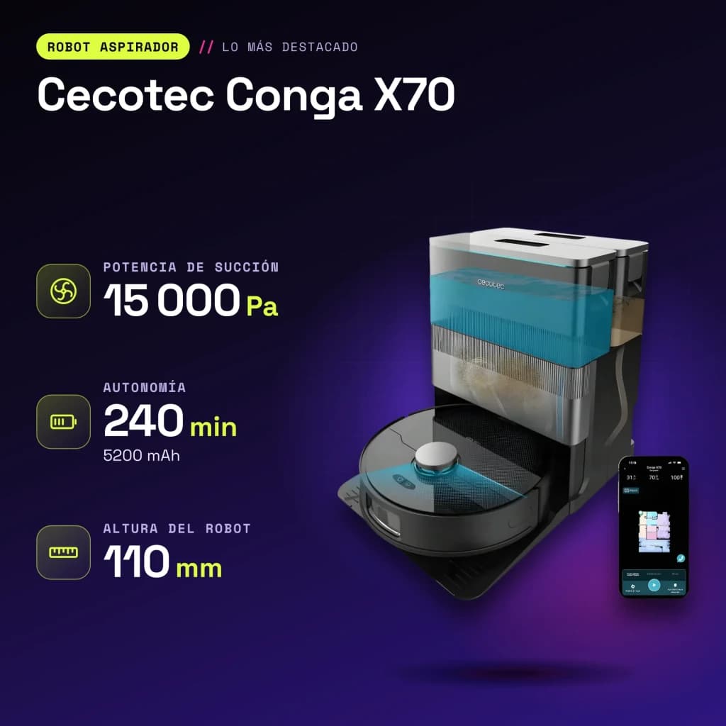 Robot aspirador Cecotec Conga X70 Preto Lavador Autoesvaziamento 15000Pa 240min - características