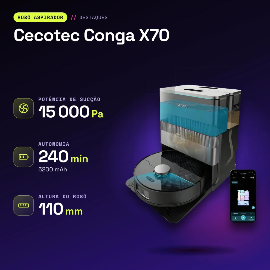 Robot aspirador Cecotec Conga X70 Preto Lavador Autoesvaziamento 15000Pa 240min - características