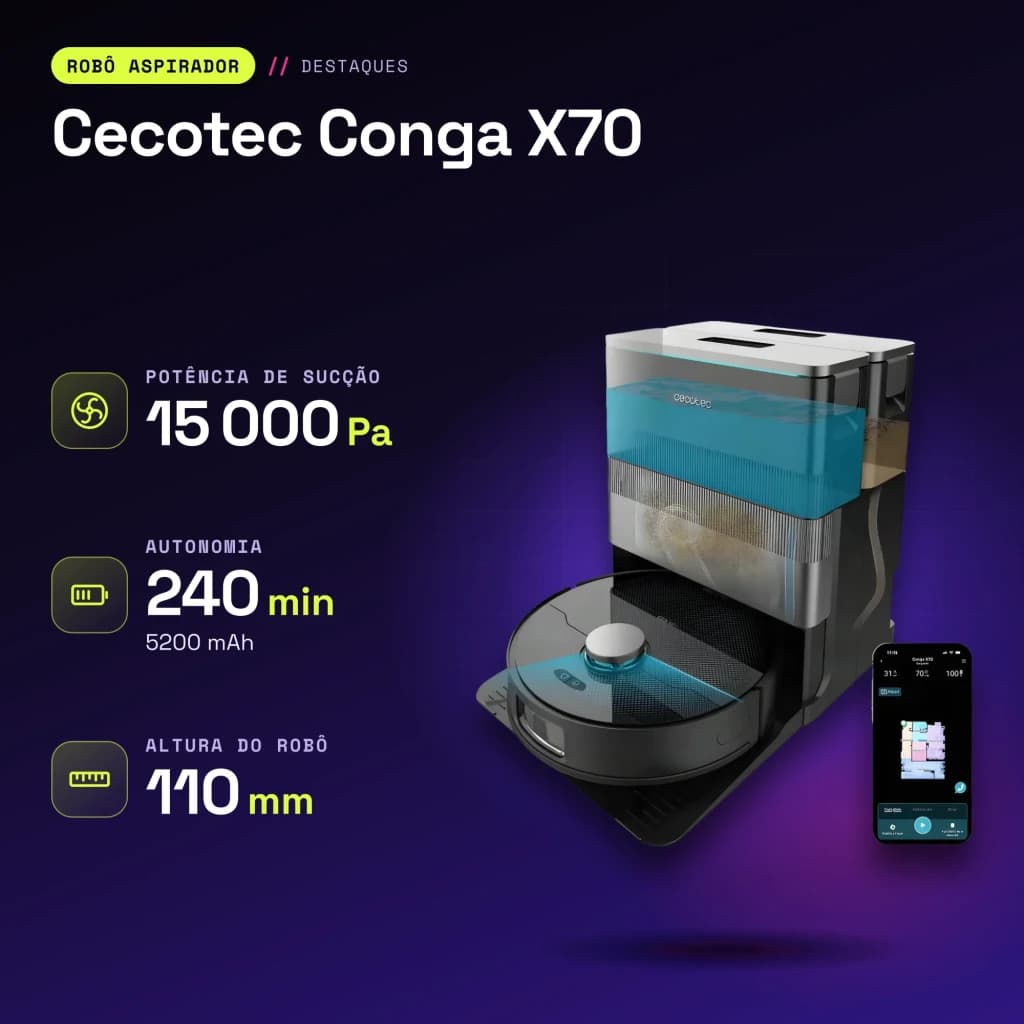 Robot aspirador Cecotec Conga X70 Preto Lavador Autoesvaziamento 15000Pa 240min - características