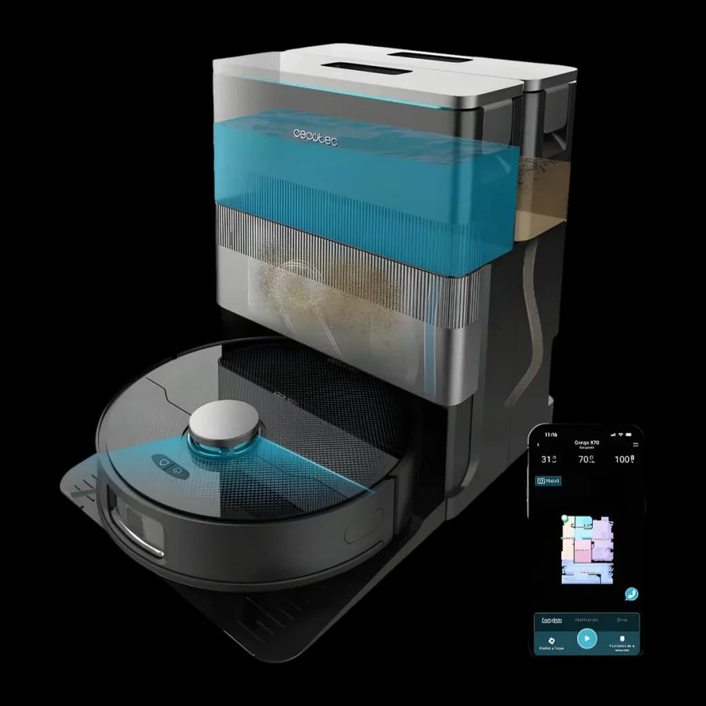 Robot aspirador Cecotec Conga X70 Preto Lavador Autoesvaziamento 15000Pa 240min, vista em perspetiva: robô na base
