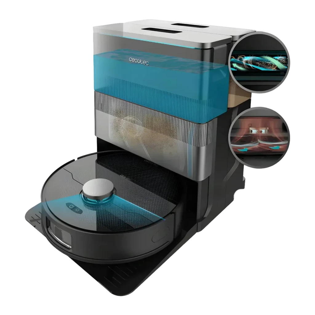 Robot aspirador Cecotec Conga X70 Preto Lavador Autoesvaziamento 15000Pa 240min, vista explodida: base de autoesvaziamento