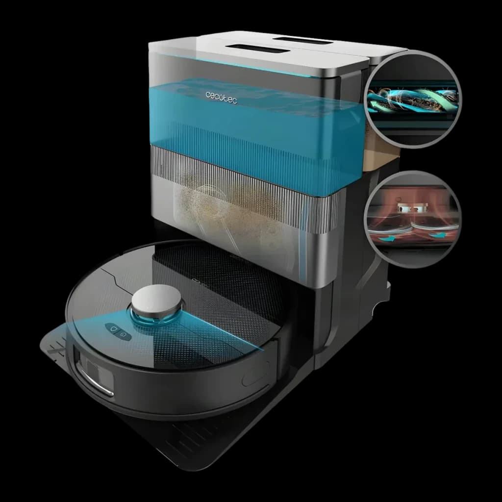 Robot aspirador Cecotec Conga X70 Preto Lavador Autoesvaziamento 15000Pa 240min, vista explodida: base de autoesvaziamento