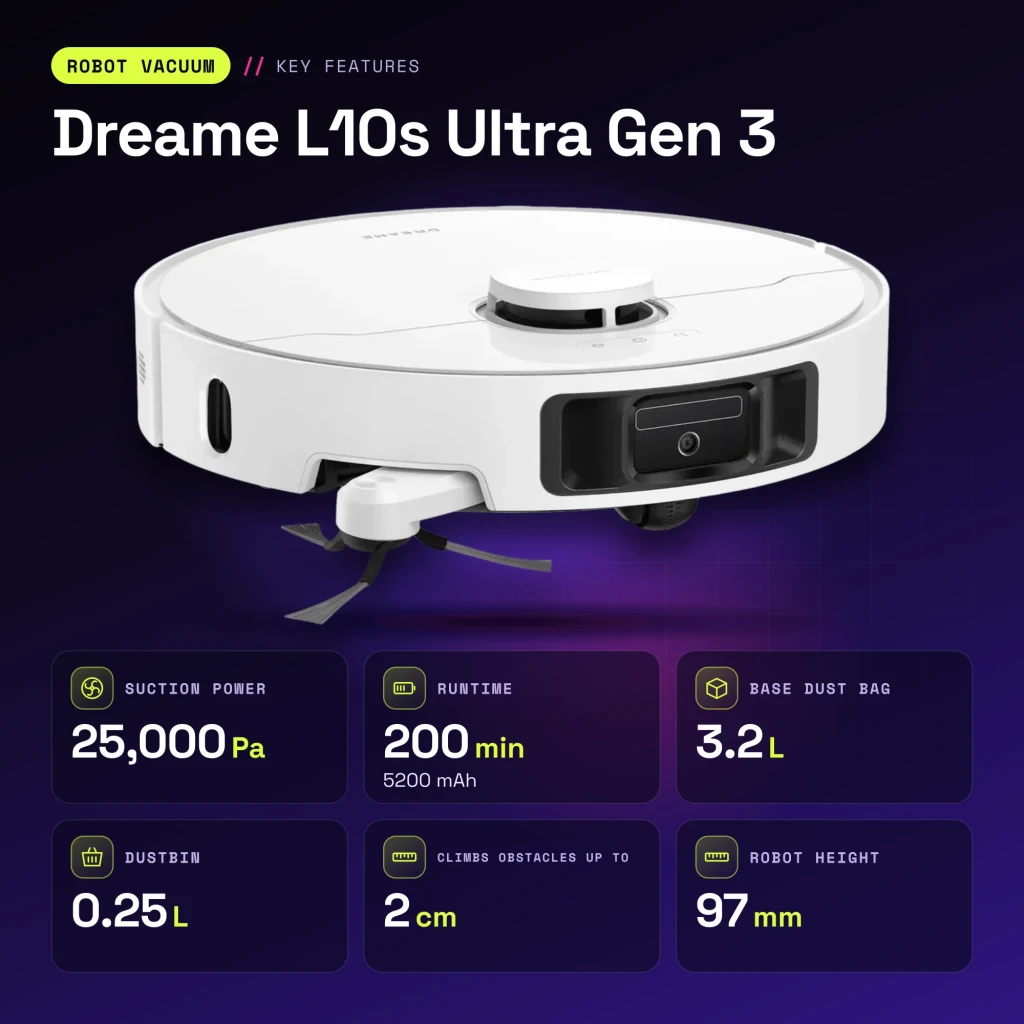 Robot aspirador Dreame L10s Ultra Gen 3 Branco LiDAR Lava Pavimentos Esvaziamento Automático 25000Pa - características