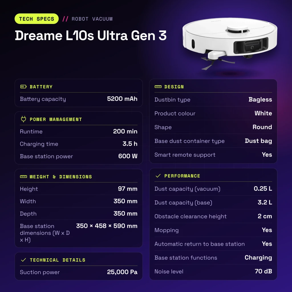 Robot aspirador Dreame L10s Ultra Gen 3 Branco LiDAR Lava Pavimentos Esvaziamento Automático 25000Pa - características