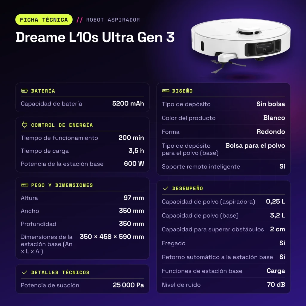 Robot aspirador Dreame L10s Ultra Gen 3 Branco LiDAR Lava Pavimentos Esvaziamento Automático 25000Pa - características