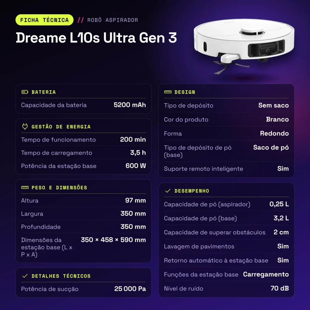 Robot aspirador Dreame L10s Ultra Gen 3 Branco LiDAR Lava Pavimentos Esvaziamento Automático 25000Pa - características