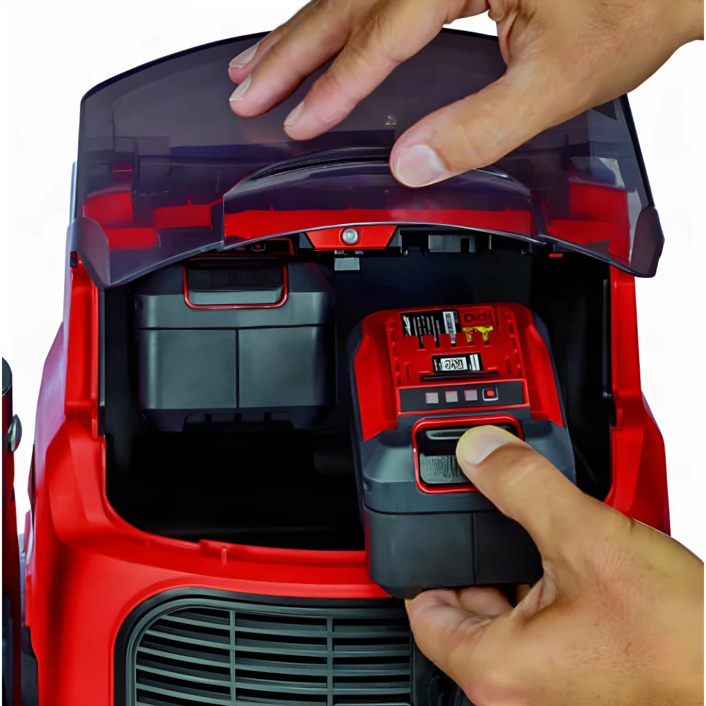 Aspiradora de Taller Einhell TE-VC 36/25 Li S-Solo Negro/Rojo Sin Cable, detalle: manos abriendo tapa y extrayendo batería