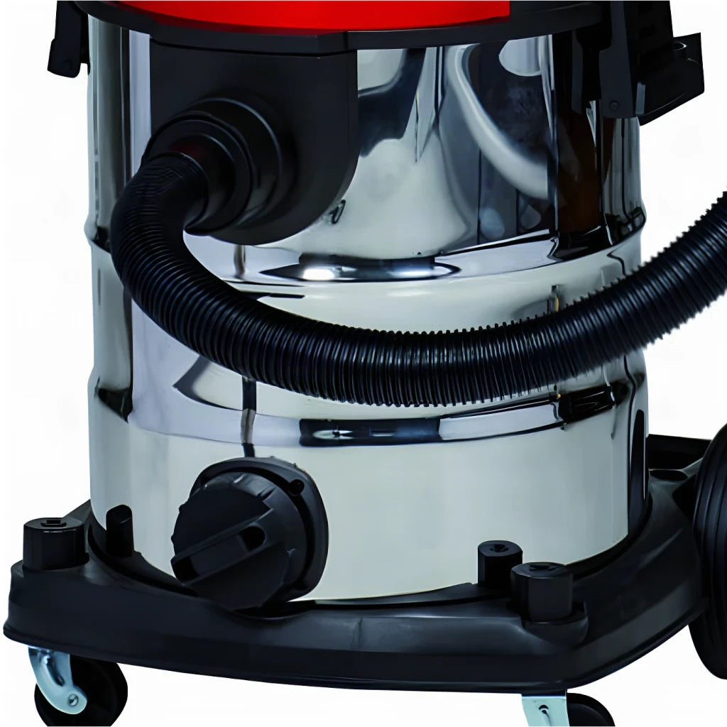 Aspiradora de Taller Einhell TE-VC 36/25 Li S-Solo Negro/Rojo Sin Cable, detalle lateral: depósito de acero inoxidable