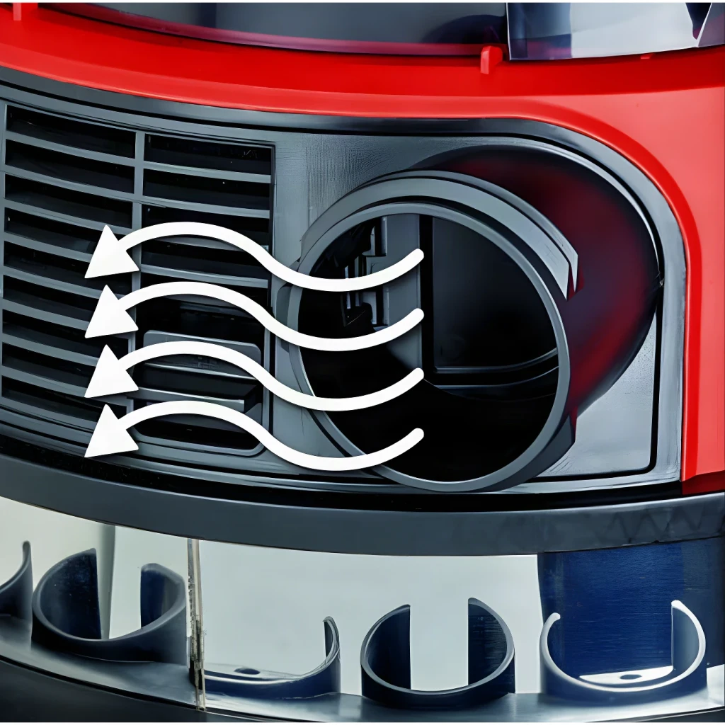 Aspiradora de Taller Einhell TE-VC 36/25 Li S-Solo Negro/Rojo Sin Cable, detalle: rejilla de salida de aire con flechas