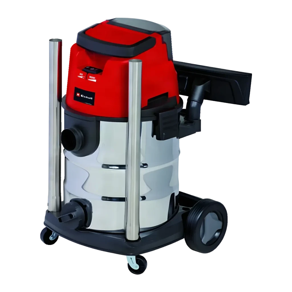 Aspiradora de Taller Einhell TE-VC 36/25 Li S-Solo Negro/Rojo Sin Cable, vista en ángulo: depósito inox, tapa roja, tubos