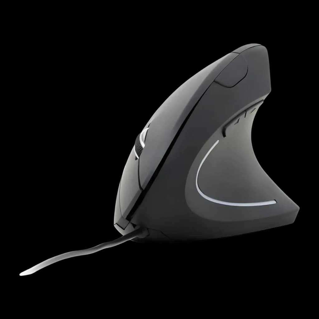 Ratón Gembird Negro Ergonómico Vertical MUS-ERGO-01, vista lateral: perfil vertical, rueda central, franja plateada y cable