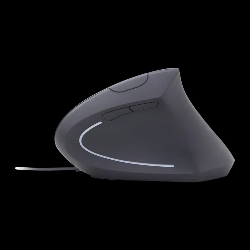 Ratón Gembird Negro Ergonómico Vertical MUS-ERGO-01, vista lateral: perfil vertical, luz LED curva y cable USB visibles