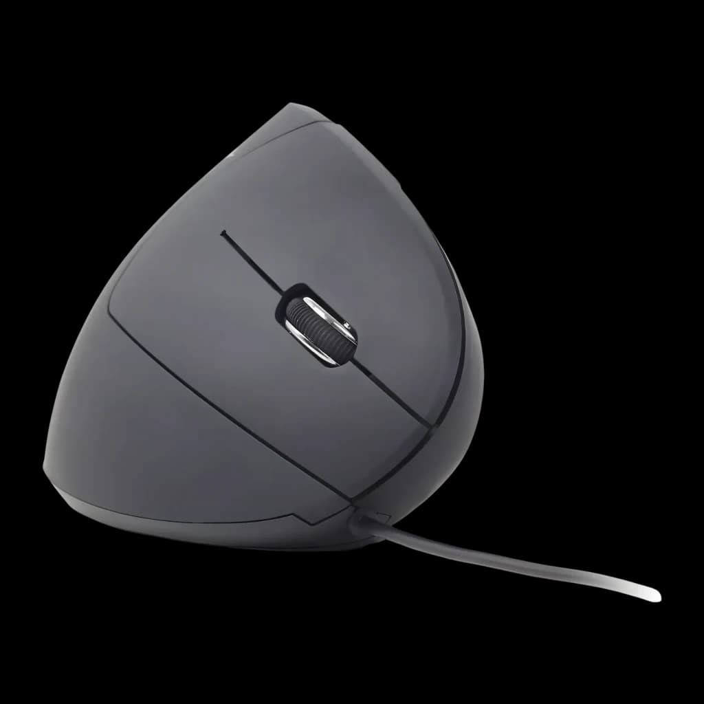 Ratón Gembird Negro Ergonómico Vertical MUS-ERGO-01, vista lateral: perfil vertical con rueda plateada y cable