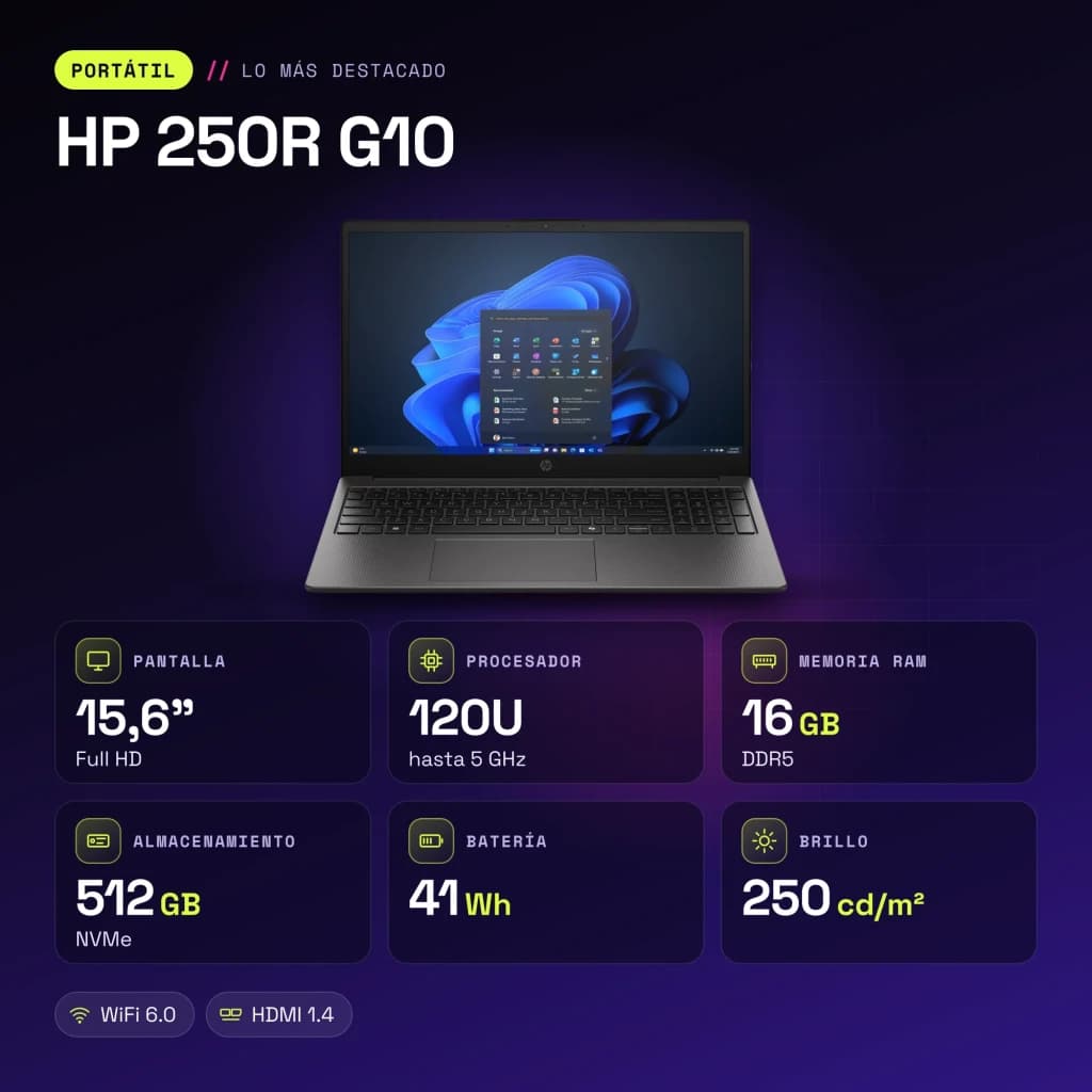 PC portable HP 250R G10 16 Go/512 Go 15,6 pouces FHD Intel Core 5 120U SSD NVMe FreeDOS Noir - caractéristiques