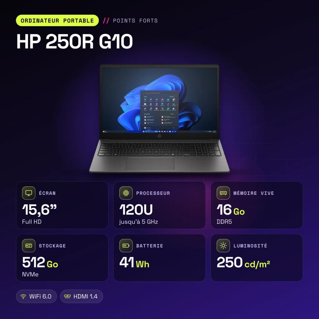 PC portable HP 250R G10 16 Go/512 Go 15,6 pouces FHD Intel Core 5 120U SSD NVMe FreeDOS Noir - caractéristiques