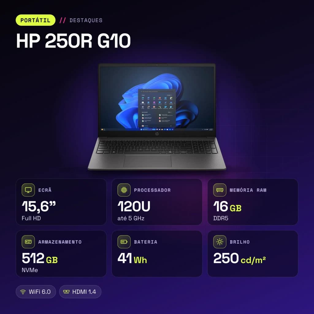 PC portable HP 250R G10 16 Go/512 Go 15,6 pouces FHD Intel Core 5 120U SSD NVMe FreeDOS Noir - caractéristiques
