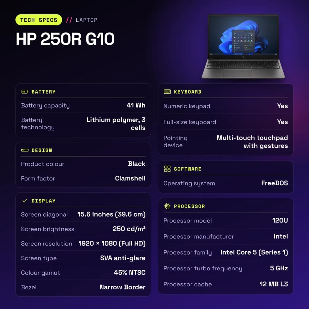 PC portable HP 250R G10 16 Go/512 Go 15,6 pouces FHD Intel Core 5 120U SSD NVMe FreeDOS Noir - caractéristiques