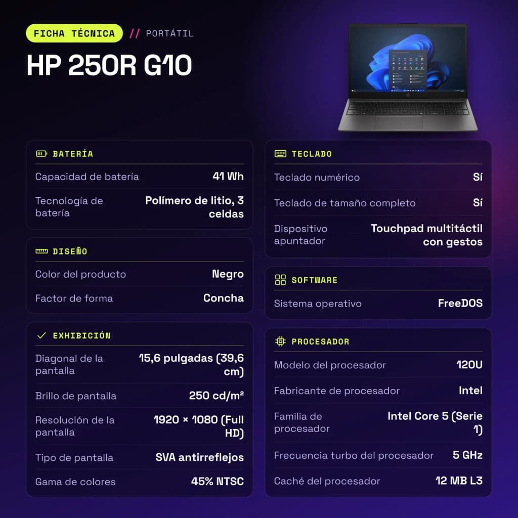 PC portable HP 250R G10 16 Go/512 Go 15,6 pouces FHD Intel Core 5 120U SSD NVMe FreeDOS Noir - caractéristiques