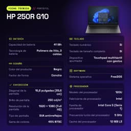 PC portable HP 250R G10 16 Go/512 Go 15,6 pouces FHD Intel Core 5 120U SSD NVMe FreeDOS Noir - caractéristiques
