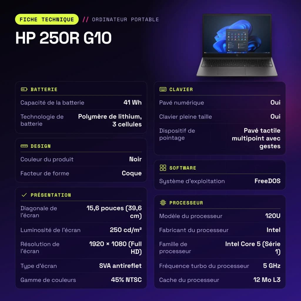 PC portable HP 250R G10 16 Go/512 Go 15,6 pouces FHD Intel Core 5 120U SSD NVMe FreeDOS Noir - caractéristiques