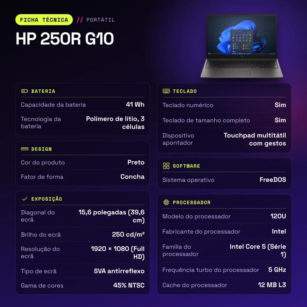 PC portable HP 250R G10 16 Go/512 Go 15,6 pouces FHD Intel Core 5 120U SSD NVMe FreeDOS Noir - caractéristiques