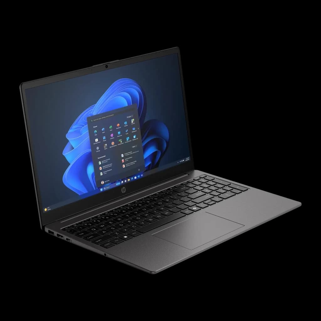 PC portable HP 250R G10 16 Go/512 Go 15,6 pouces FHD Intel Core 5 120U SSD NVMe FreeDOS Noir, vue en angle: écran allumé