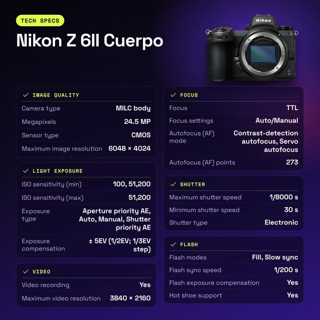 Appareil photo Nikon Z 6II Boîtier Noir Full Frame CMOS 4K Ultra HD 24,5MP - caractéristiques