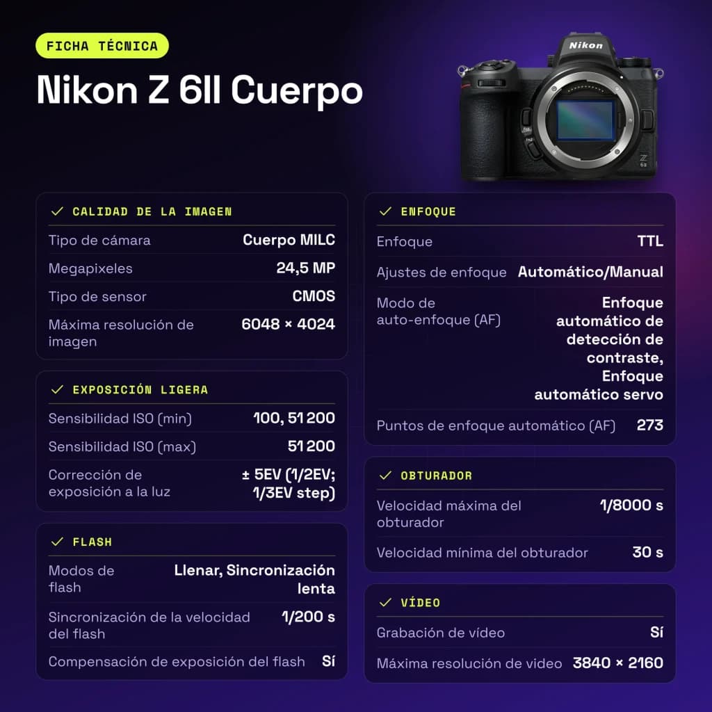 Appareil photo Nikon Z 6II Boîtier Noir Full Frame CMOS 4K Ultra HD 24,5MP - caractéristiques