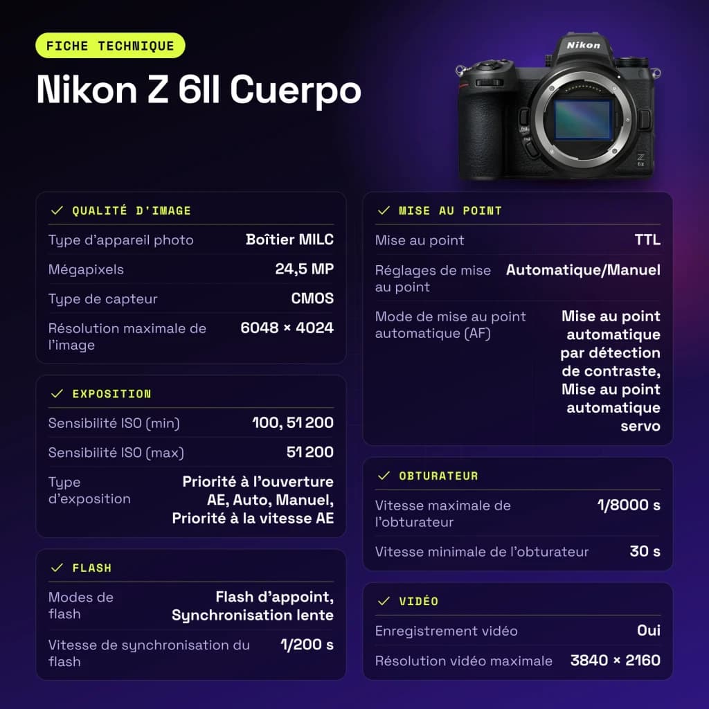 Appareil photo Nikon Z 6II Boîtier Noir Full Frame CMOS 4K Ultra HD 24,5MP - caractéristiques