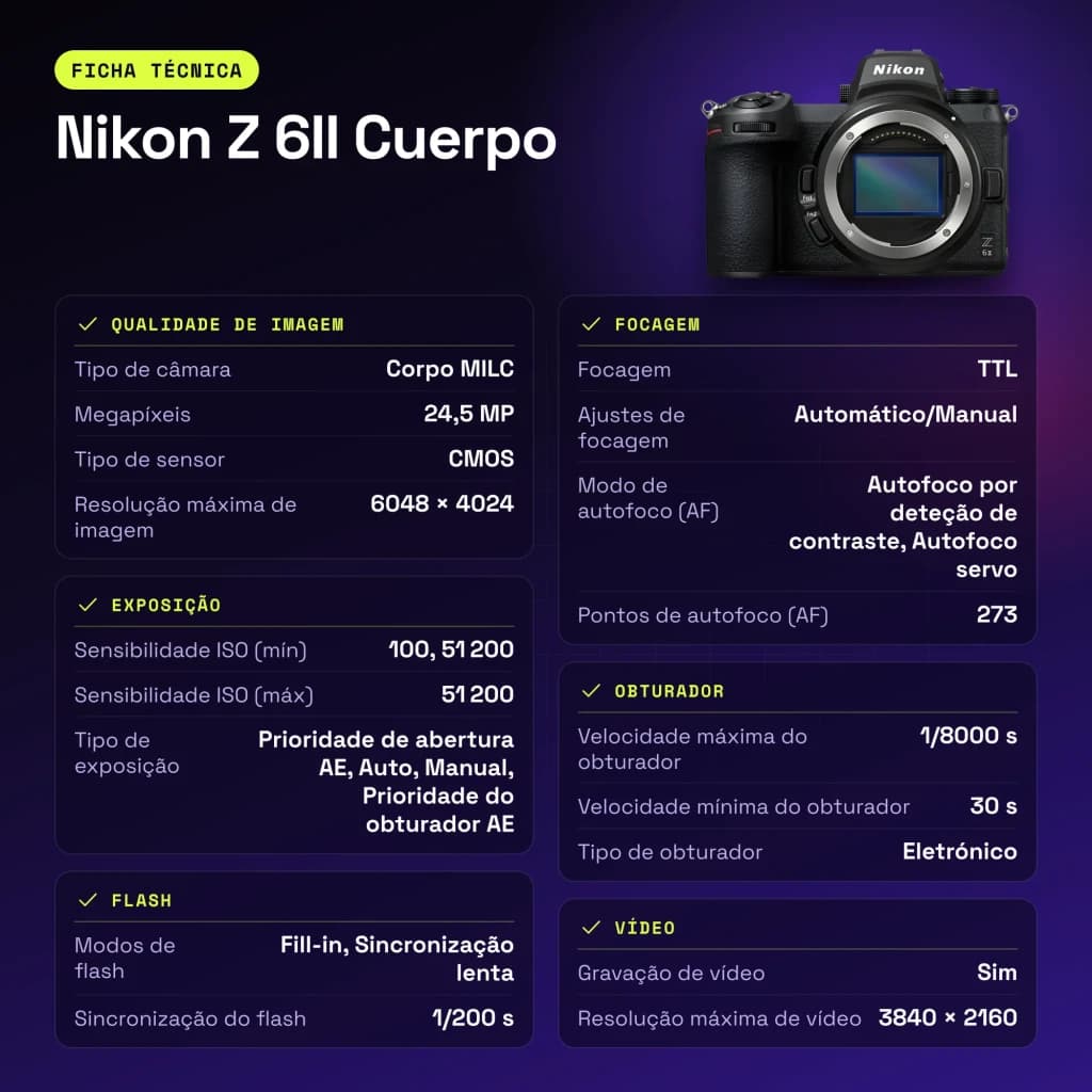 Appareil photo Nikon Z 6II Boîtier Noir Full Frame CMOS 4K Ultra HD 24,5MP - caractéristiques