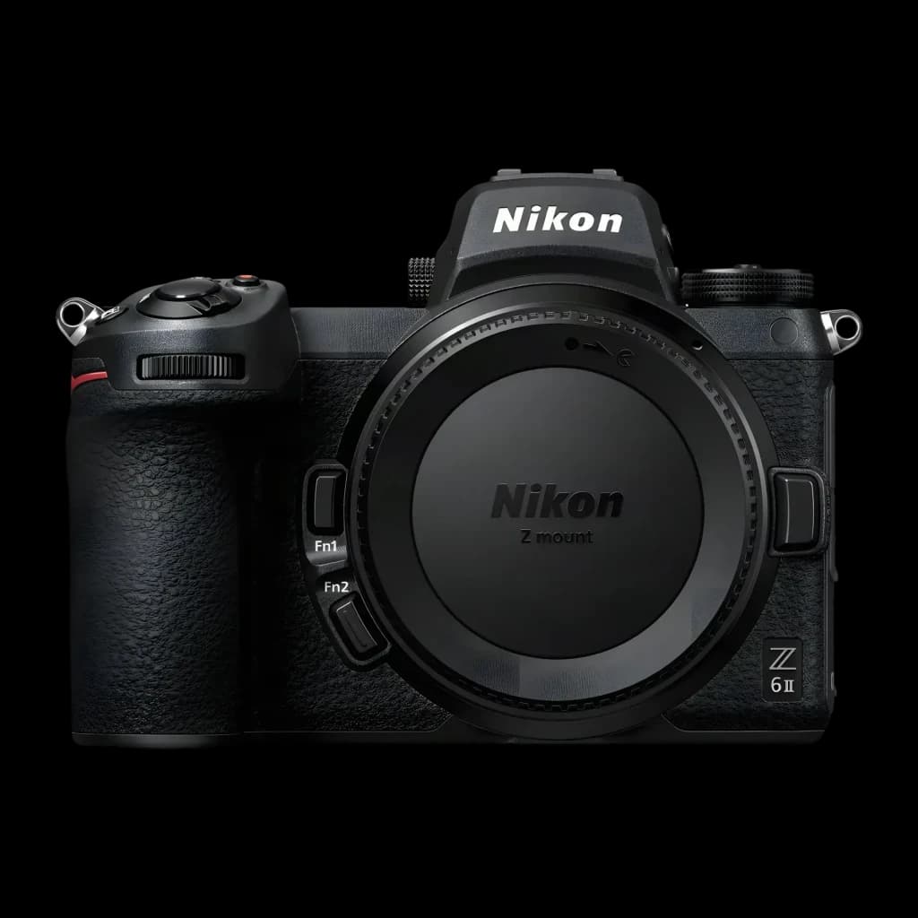 Appareil photo Nikon Z 6II Boîtier Noir Full Frame CMOS 4K Ultra HD 24,5MP, vue avant: bouchon monture Z mount et logo Z 6II