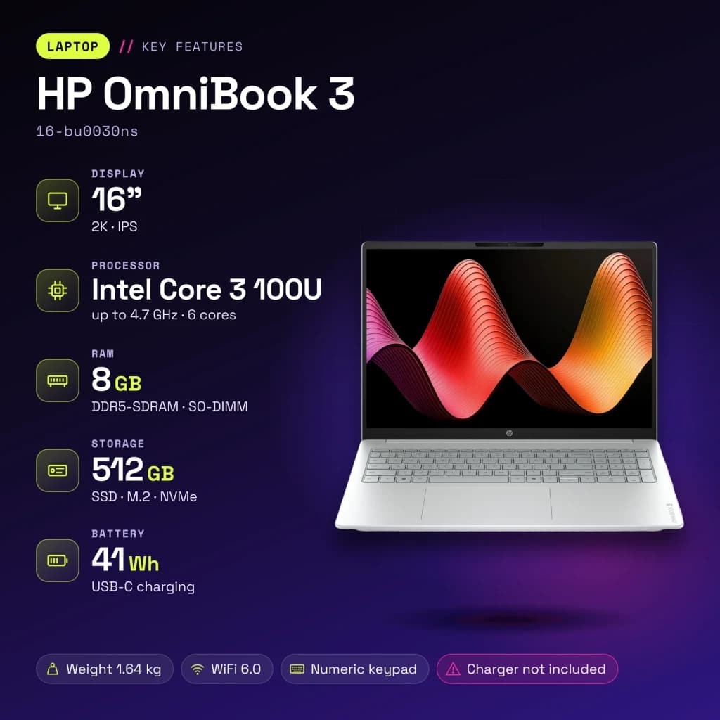 PC portable HP OmniBook 3 8Go/512Go 16 pouces IPS 2K Intel Core 3 100U SSD NVMe PCIe 4.0 FreeDOS Gris 16-bu0030ns - caractéristiques