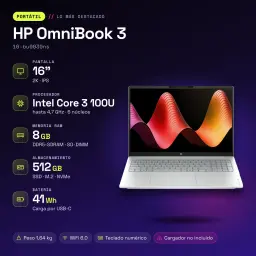 PC portable HP OmniBook 3 8Go/512Go 16 pouces IPS 2K Intel Core 3 100U SSD NVMe PCIe 4.0 FreeDOS Gris 16-bu0030ns - caractéristiques