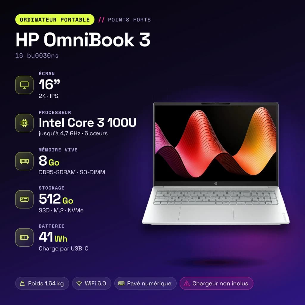 PC portable HP OmniBook 3 8Go/512Go 16 pouces IPS 2K Intel Core 3 100U SSD NVMe PCIe 4.0 FreeDOS Gris 16-bu0030ns - caractéristiques