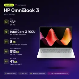 PC portable HP OmniBook 3 8Go/512Go 16 pouces IPS 2K Intel Core 3 100U SSD NVMe PCIe 4.0 FreeDOS Gris 16-bu0030ns - caractéristiques