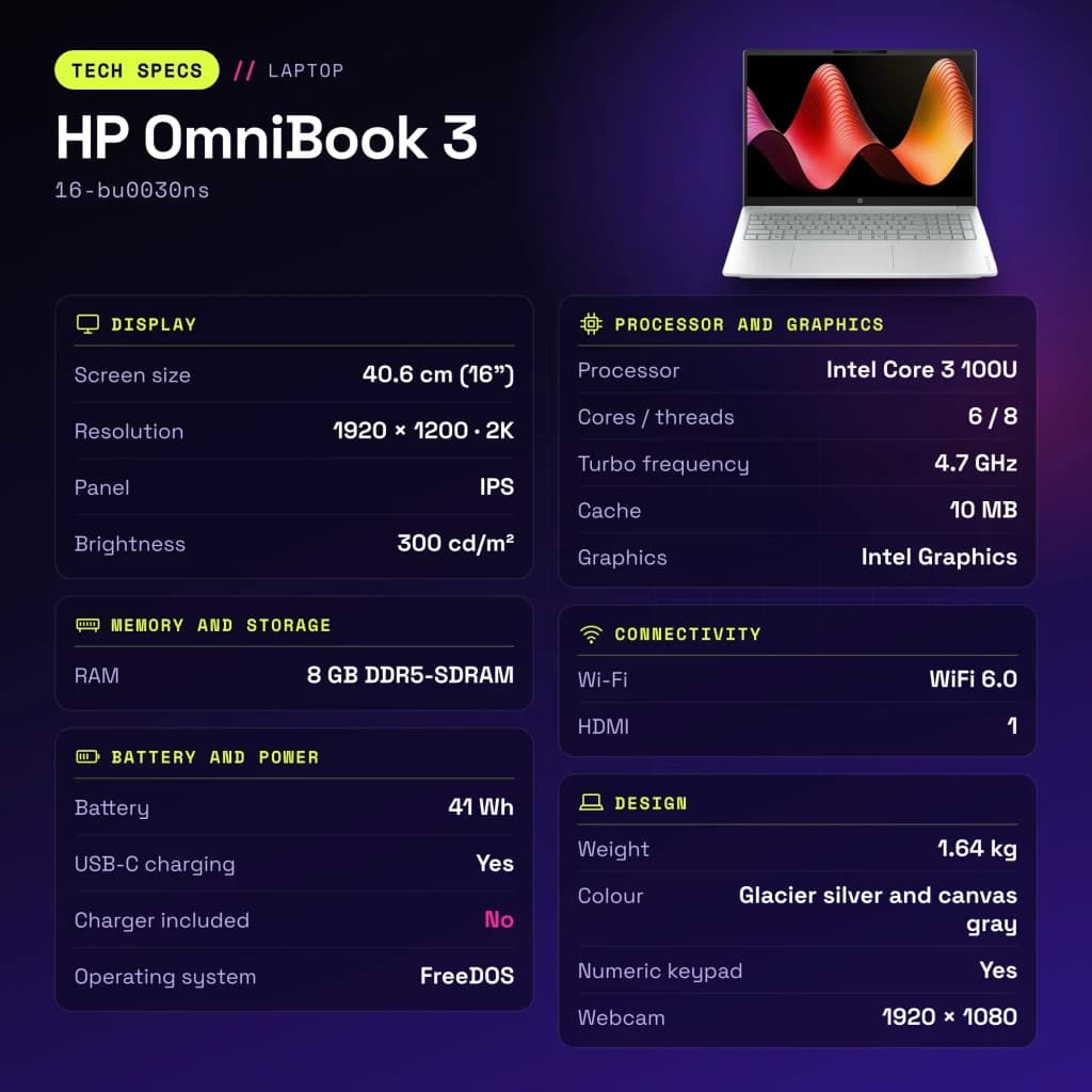 PC portable HP OmniBook 3 8Go/512Go 16 pouces IPS 2K Intel Core 3 100U SSD NVMe PCIe 4.0 FreeDOS Gris 16-bu0030ns - caractéristiques