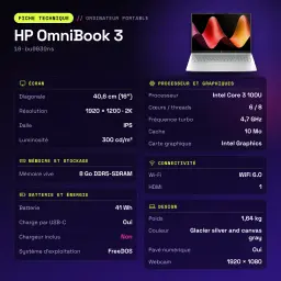 PC portable HP OmniBook 3 8Go/512Go 16 pouces IPS 2K Intel Core 3 100U SSD NVMe PCIe 4.0 FreeDOS Gris 16-bu0030ns - caractéristiques
