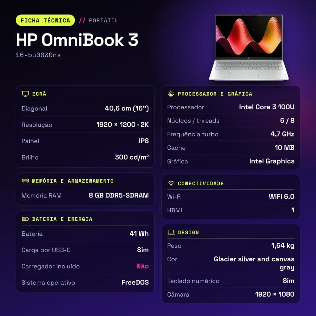PC portable HP OmniBook 3 8Go/512Go 16 pouces IPS 2K Intel Core 3 100U SSD NVMe PCIe 4.0 FreeDOS Gris 16-bu0030ns - caractéristiques