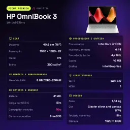 PC portable HP OmniBook 3 8Go/512Go 16 pouces IPS 2K Intel Core 3 100U SSD NVMe PCIe 4.0 FreeDOS Gris 16-bu0030ns - caractéristiques