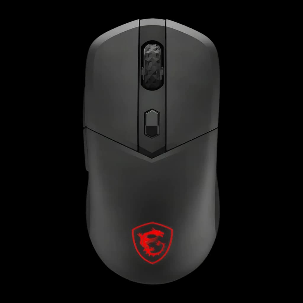 Souris Gaming MSI Versa 300 Elite Wireless Sans Fil 26000 DPI RGB Noir, vue dessus: logo dragon rouge éclairé et molette