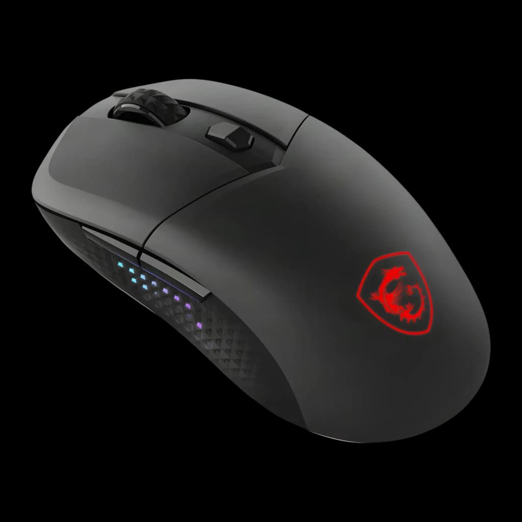 Souris Gaming MSI Versa 300 Elite Wireless Sans Fil 26000 DPI RGB Noir, vue latérale droite: logo dragon rouge éclairé