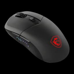 Souris Gaming MSI Versa 300 Elite Wireless Sans Fil 26000 DPI RGB Noir, vue latérale droite: logo dragon rouge éclairé