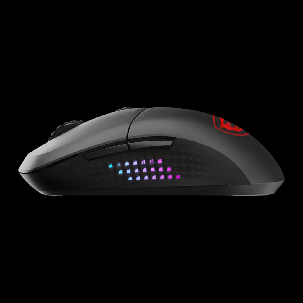 Souris Gaming MSI Versa 300 Elite Wireless Sans Fil 26000 DPI RGB Noir, vue latérale: éclairage RGB sur grille hexagonale