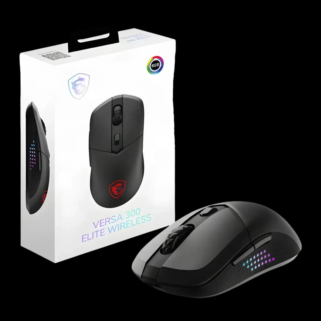 Souris Gaming MSI Versa 300 Elite Wireless Sans Fil 26000 DPI RGB Noir, avec boîte: souris noire avec éclairage RGB latéral